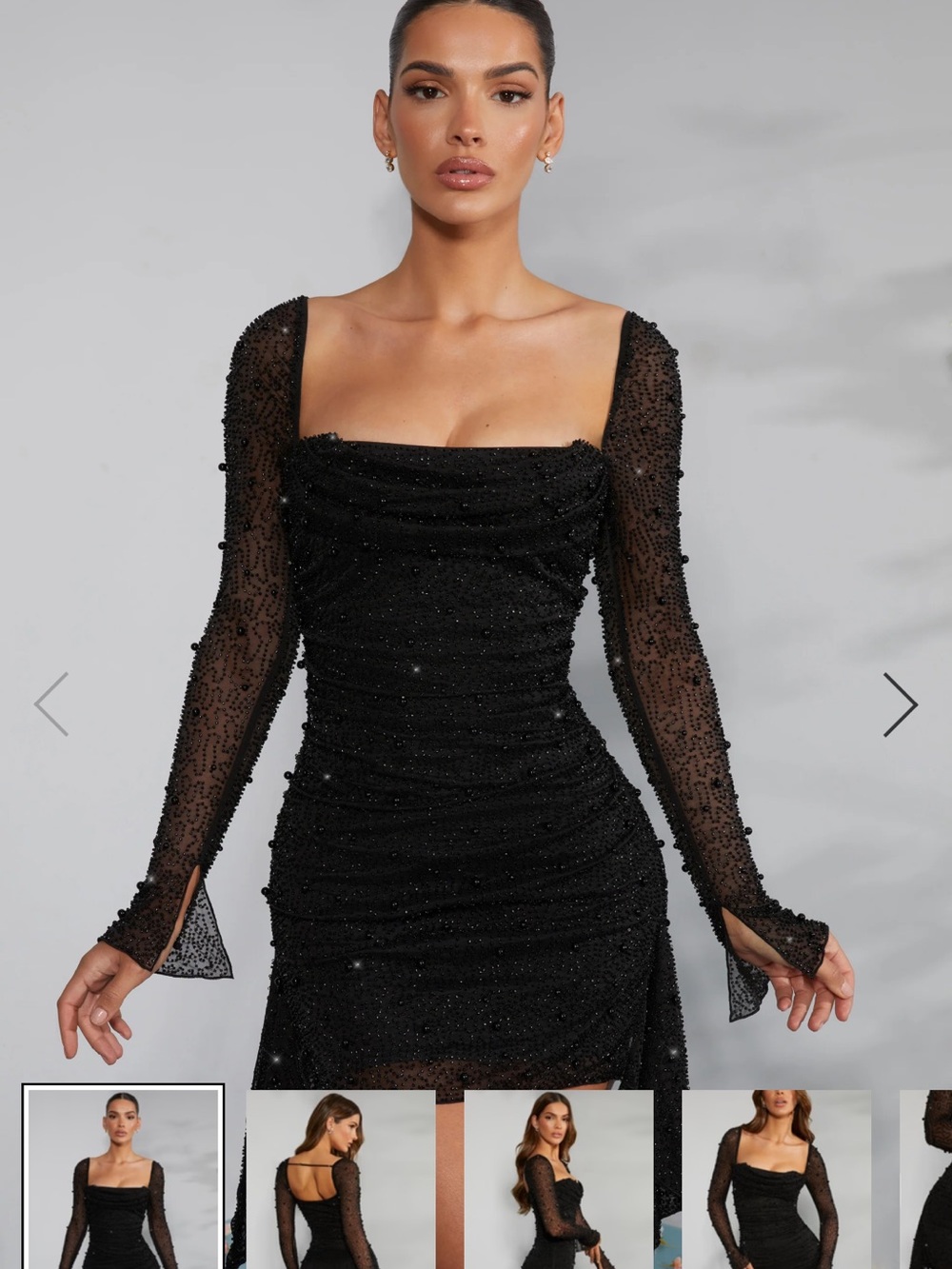 Oh Polly Black Beaded Long-Sleeve Ruched Mini Dress